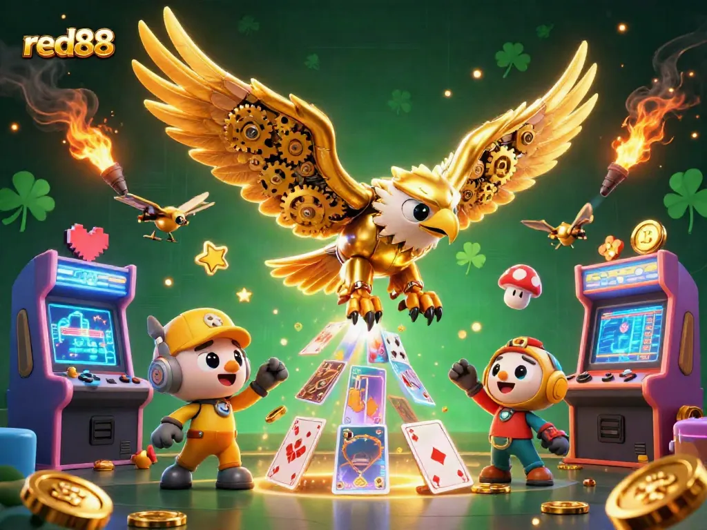 Experience the excitement of red88's dynamic gaming with vibrant 3D elements and casino-themed characters.