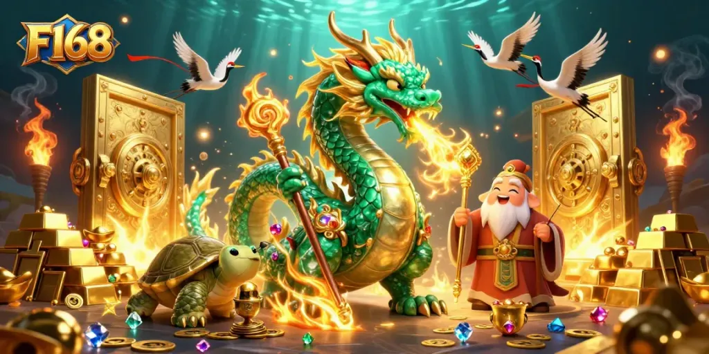 Engage with F168's vibrant 3D illustration featuring a dazzling jade dragon and treasures of the casino world.