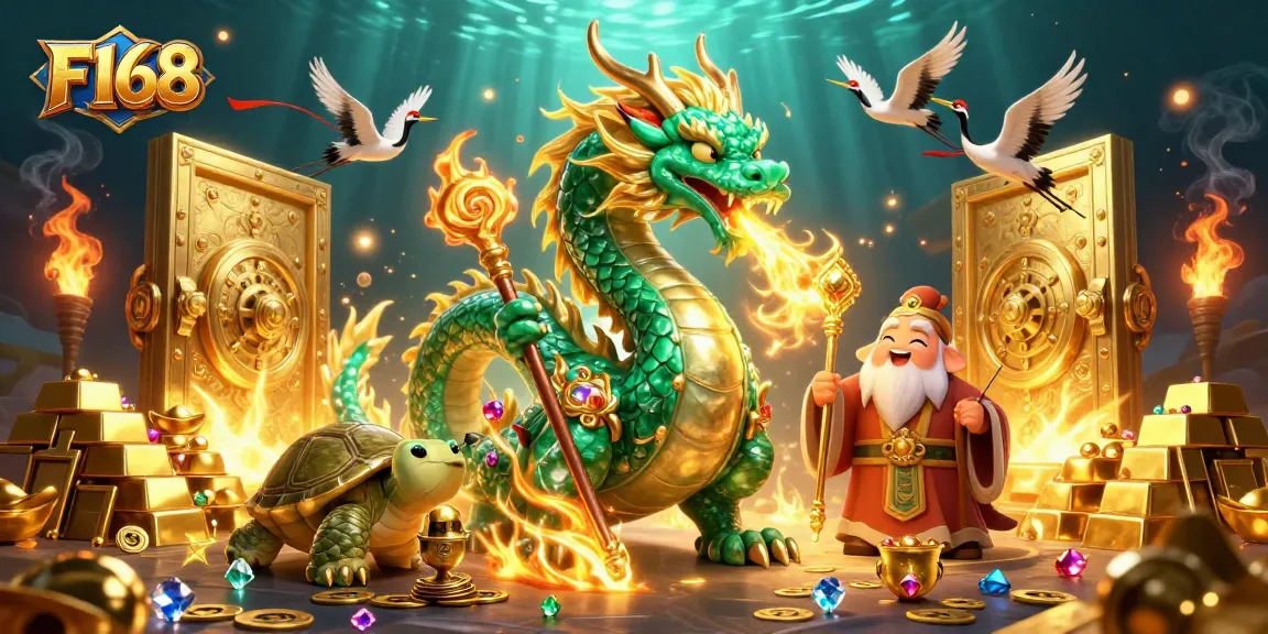 Engage with F168's vibrant 3D illustration featuring a dazzling jade dragon and treasures of the casino world.