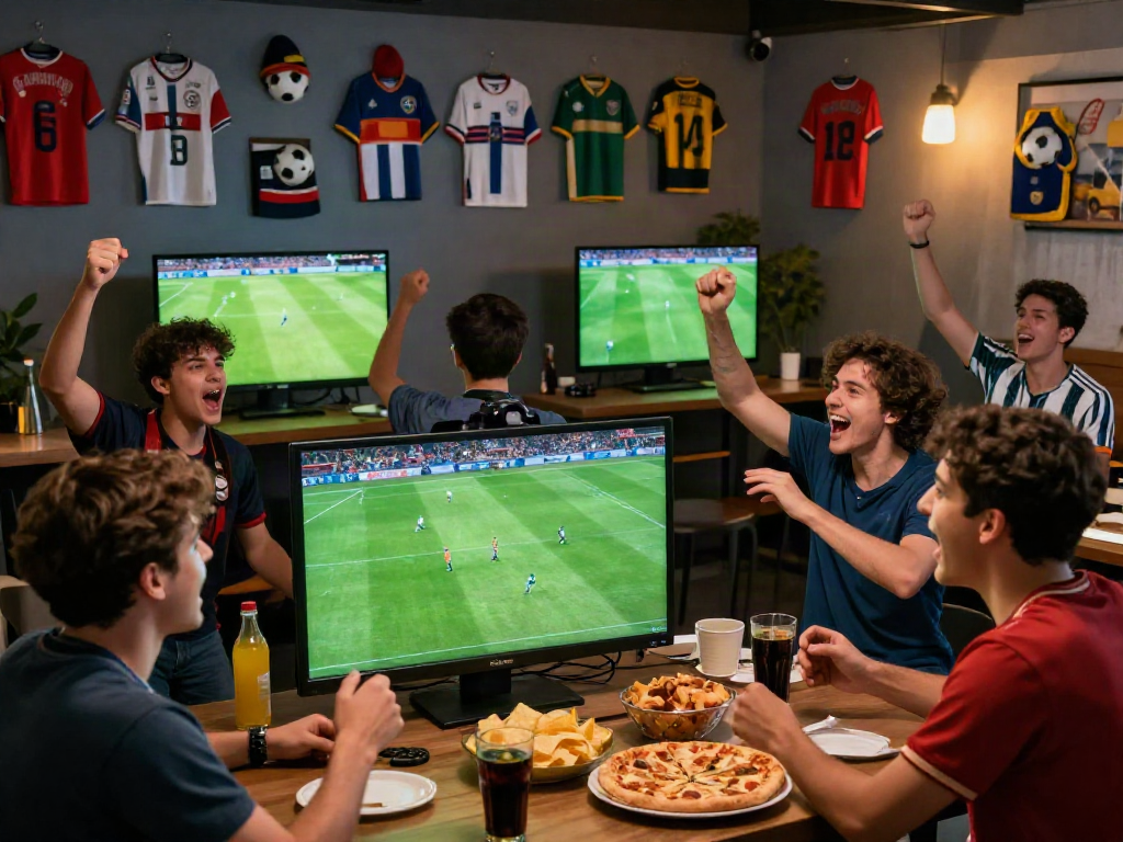Cheering fans at a live soccer match while enjoying snacks and drinks, showcasing the excitement of trang bóng thapcamtv.