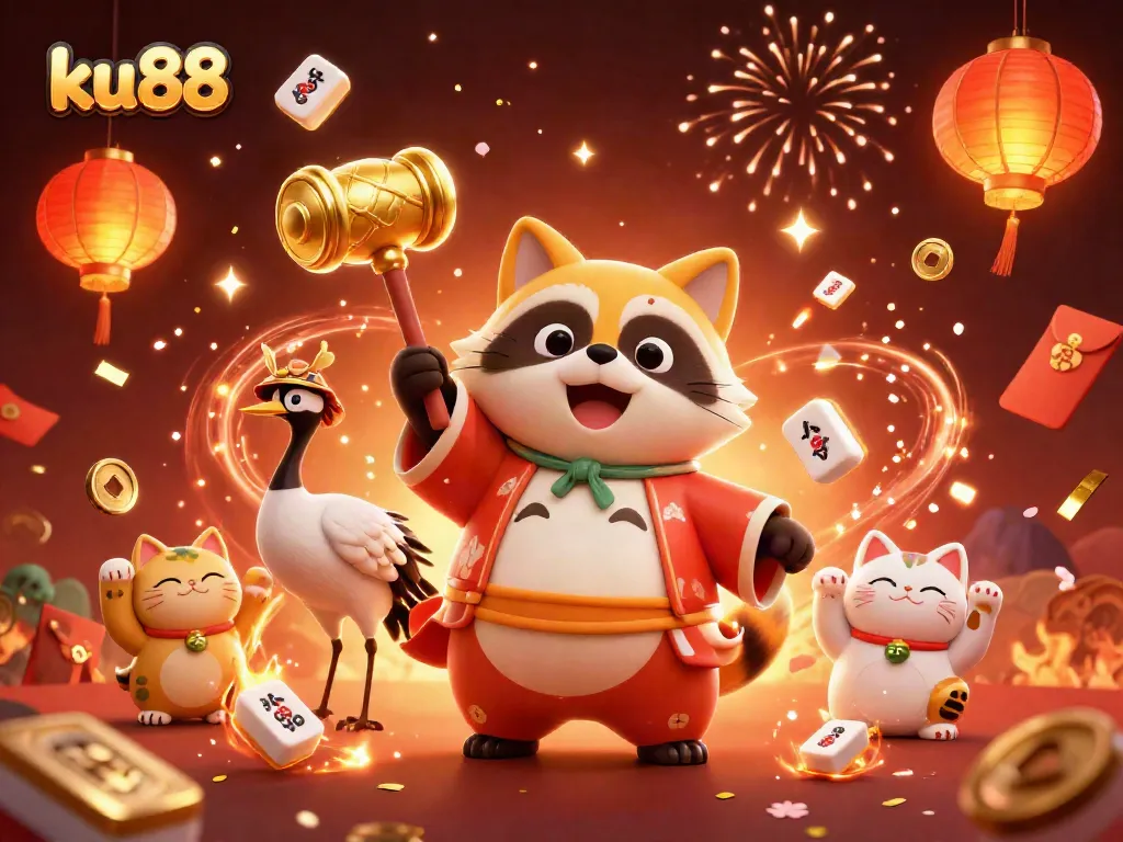 Experience the thrill of ku88 with cheerful characters amidst celebratory casino elements.