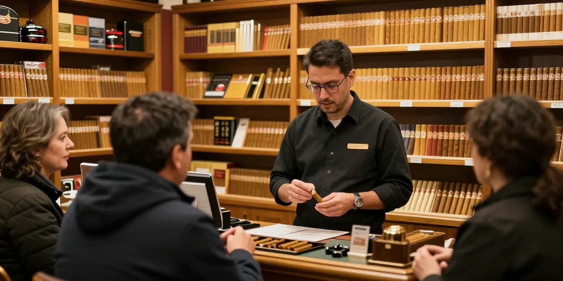 Expert în tutun de fumat oferind consultanță clienților la un magazin local de tutun.