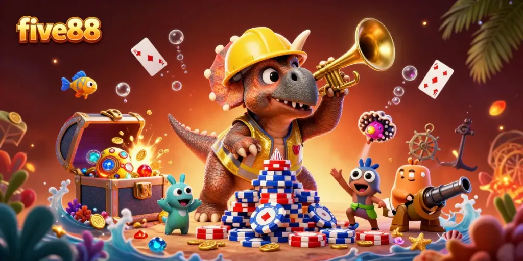 Experience the vibrant excitement of five88 as a triceratops builds a poker chip pyramid amid underwater treasures.
