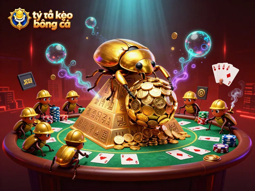Visualize tỷ lệ kèo bóng đá with golden beetles and high-stakes poker in a vibrant casino scene.