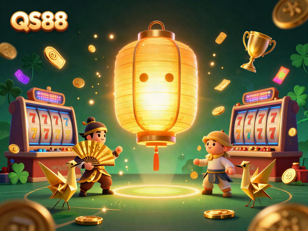 Engage with QS88's vibrant casino experience featuring a giant lantern spirit, golden fans, and dynamic slot games.