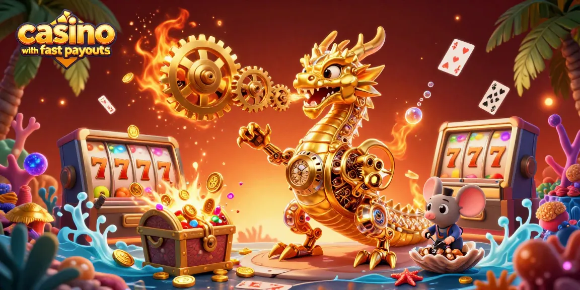 Win big at a vibrant casino with fast payouts featuring a golden dragon breathing gold gears.
